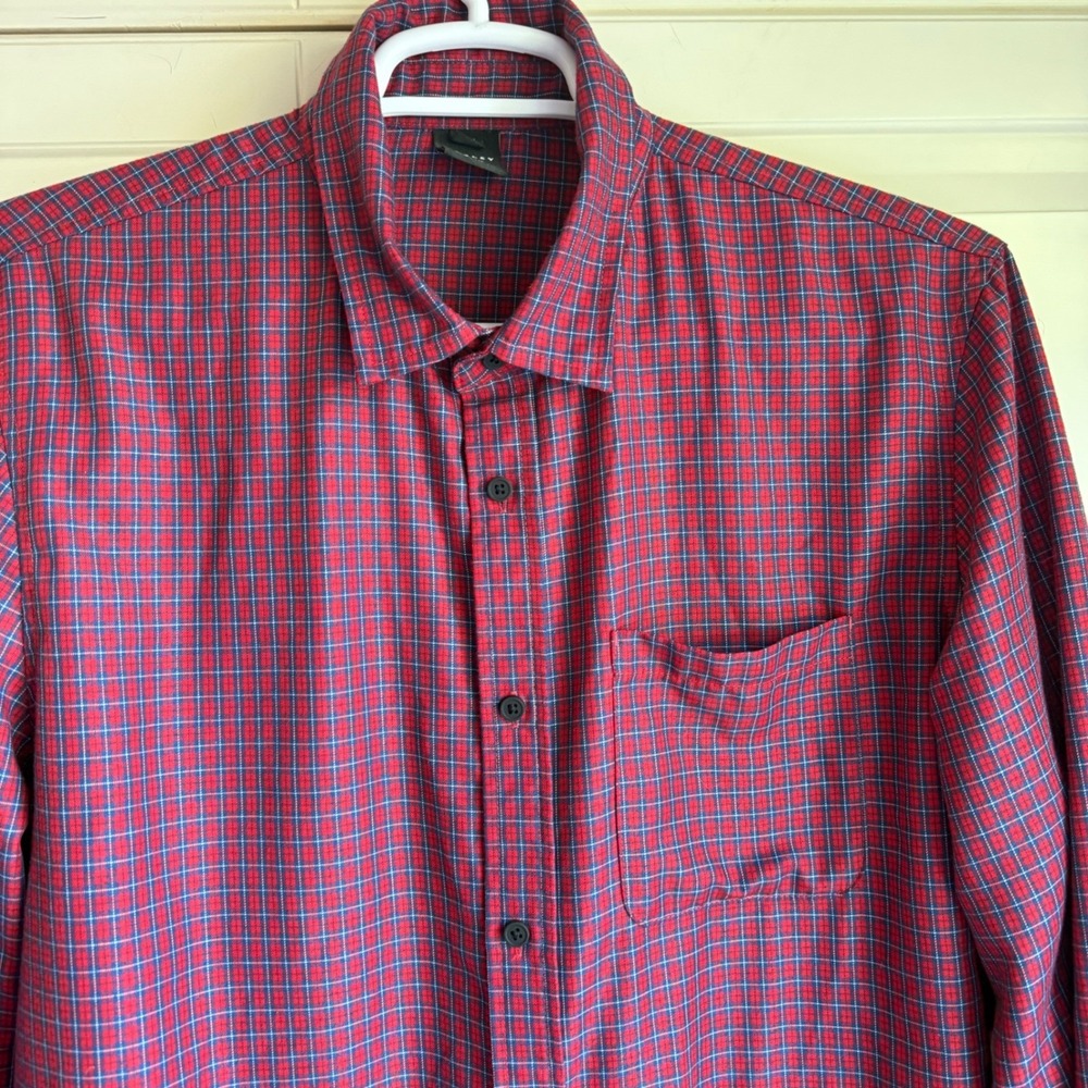 Oakley Mens Button Down Shirt Large Red Blue‎ Plaid Casual Custom Fit
